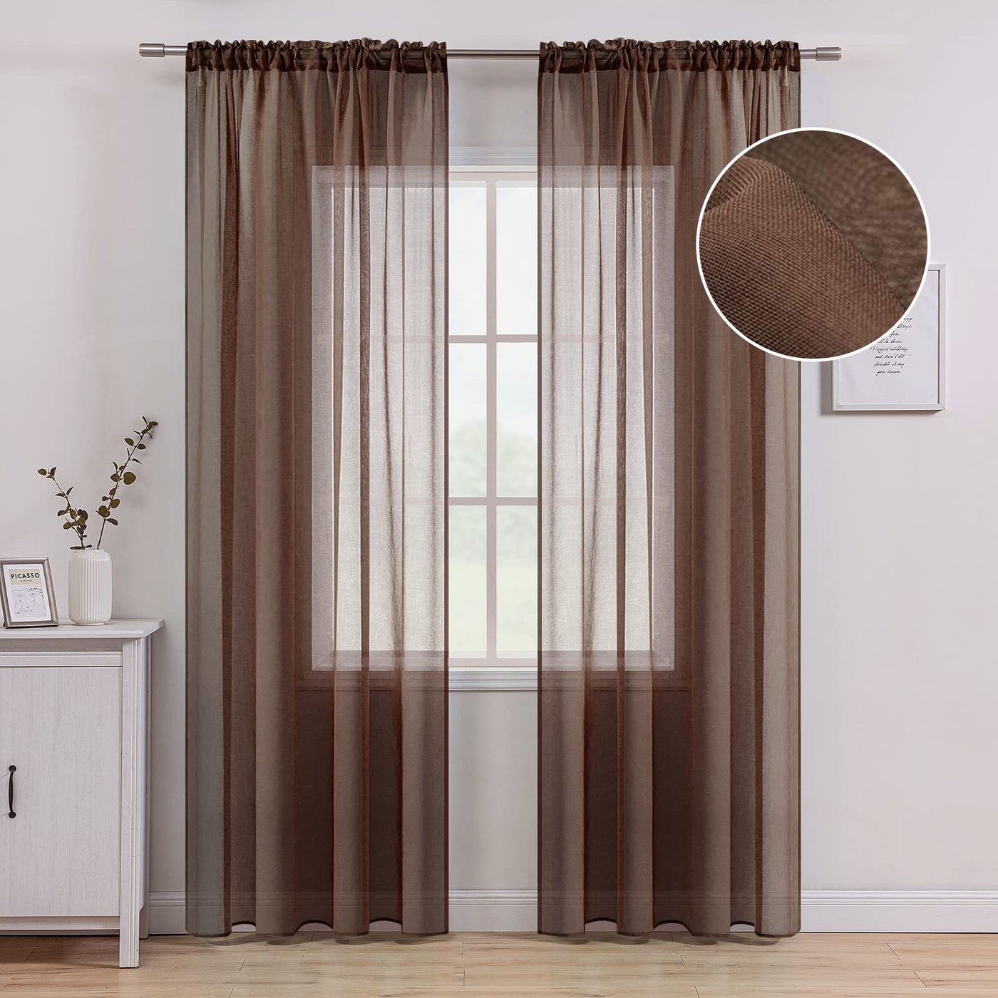 MIULEE Chocolate Brown Linen Textured Sheer Curtains 72 Inches Long 2 Panels for Bedroom/Living Room Semi Transparent Farmhouse Dark Brown Window Drapes with Rod Pocket W54 x L72
